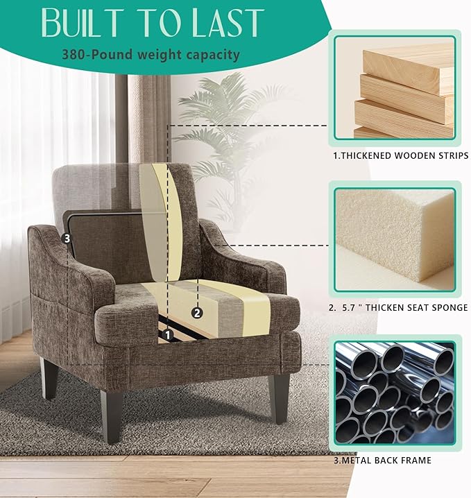 Modern Accent Chairs Set of 2 Upholstered Reading Chair for Bedroom with Side Pockets Comfy Living Room Chairs Living Room Armchair for Office Apartment (Brown Chenille)