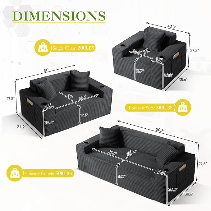 Antetek 3 Piece Boneless Corduroy Sofa Set 80.7-Inch 3-Seater Sofa + 2 Units 43.3-Inch Accent Chairs with Cup Holder Modern Deep Seat Couch Set for Living Room Bedroom No Assembly Grey