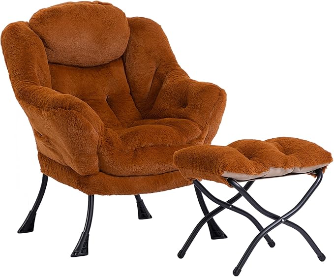 HollyHOME Lazy Chair with Foldable Ottoman Accent Comfy Lounge Armchair and Folding Footrest Stool Leisure Sofa Reading Chair and Footstool for Living Room BedroomFaux Fur Brown