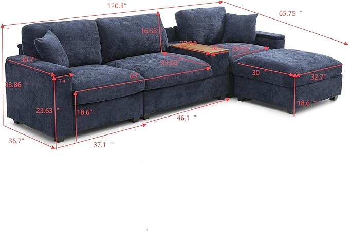 Oversized L-Shaped Modular Sectional Sofa with Storage Armrest Reversible Couch with Movable Ottoman USB Ports Cup Holders 360°Swivel Tray Comfy Cloud Cushions for Living Room or Apartment Blue