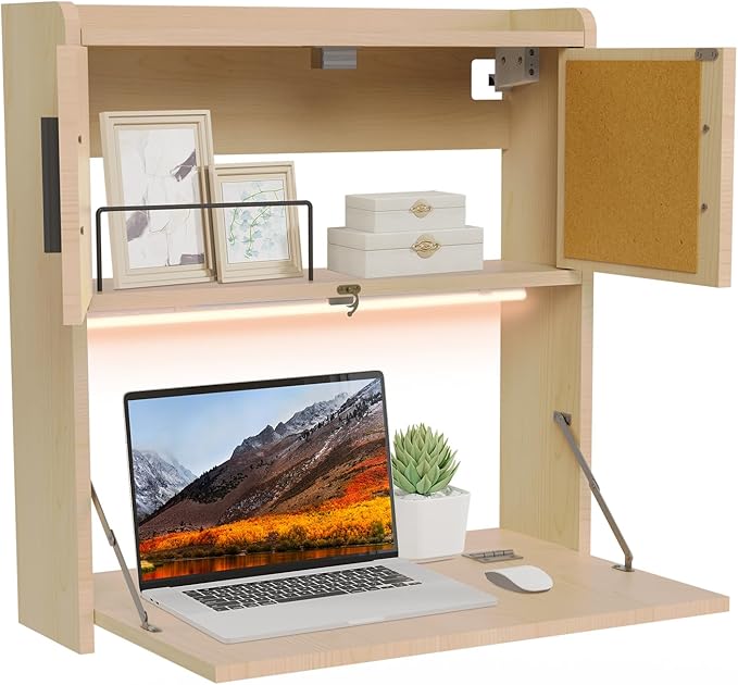 ARTETHYS Wall Mounted Desk with LED Light Multifunctional Fold Down Laptop Computer Table Writing Workstation with Storage Compartments Space Saving for Home Office Wood Color