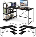 Tangkula Reversible L-Shaped Computer Desk Space Saving Corner Desk with 3-Tier Storage Shelves &amp Metal Frame Modern Executive Home Office Desk PC Laptop Desk Workstation for Small Space (Black