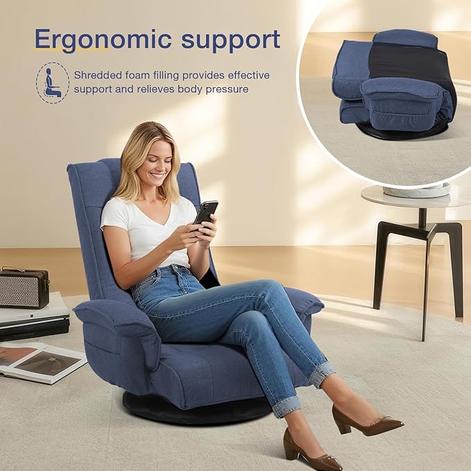 Linen Fabric Ergonomic Gaming Chair 6-Position Reclining Sofa Bed with Lumbar Support Foldable Floor Lounger with Thick Cushion Armrests &amp Side Pockets for Esports Reading Napping (Blue)