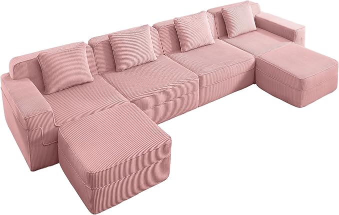 153.5 Boneless Sectional Couch for Living RoomCorduroy Cloud Sofa with Deep Seats and Wide Armrests Memory Foam Sofa 4 Seater Pink Sofa for Apartments