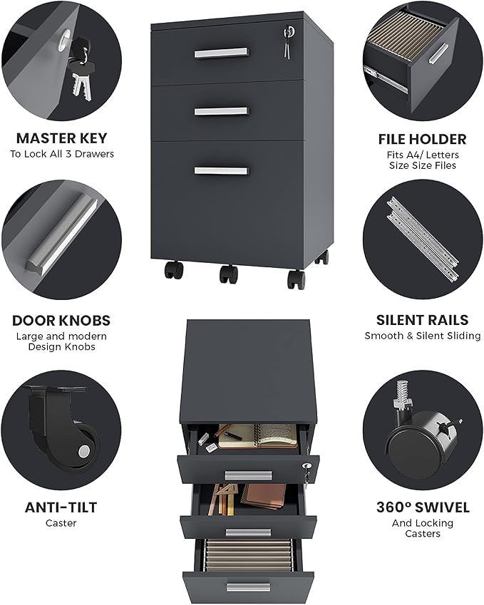 Modern Design Lazio Black File Cabinet Filing Cabinets for Home Office Drawers for Under Desk Locking 3 Drawer Rolling Wood File Cabinet with Lock by Crafts and Comfort