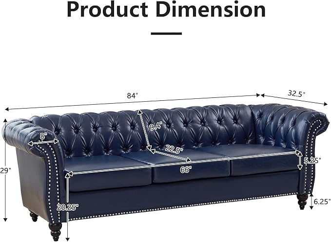 QHITTY Accent Large Sofa Chesterfield Couch 3 Seater Modern Leather Couch Upholstered Sofa with Tufted Back for Living Room Furniture (Blue)