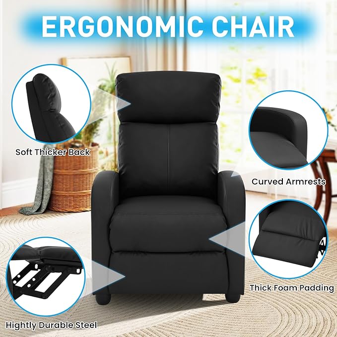 BLKMTY Massage Recliner Chair for Living Room Single Sofa Recliner Adjustable Reading Chairs Modern Ergonomic Recliner Club Chair Home Theater Seating Massage Leather Lounge Black