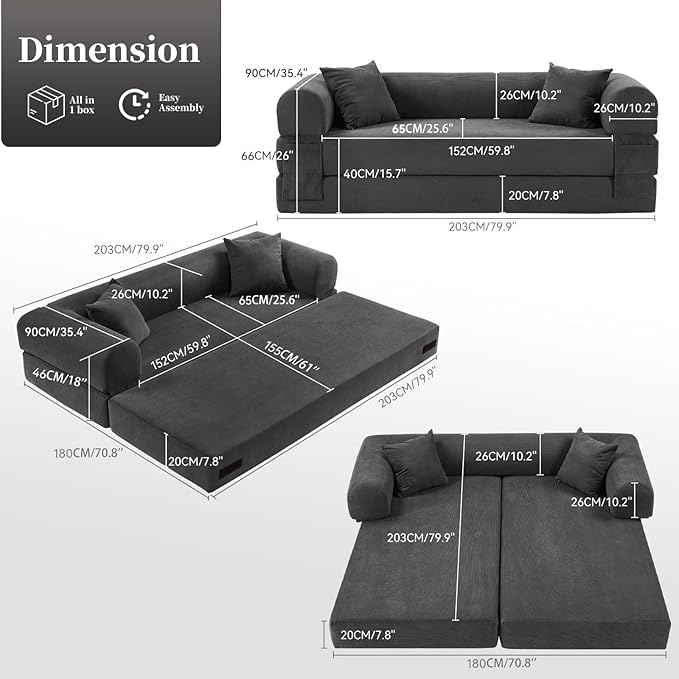 KBQ 3-Seat Convertible Sleeper Sofa Bed with 2 Pillows Corduroy Folding Mattress Couch Floor Sofa Lounge Couch for Living Room Bedroom Lounge Studio Deep Gray
