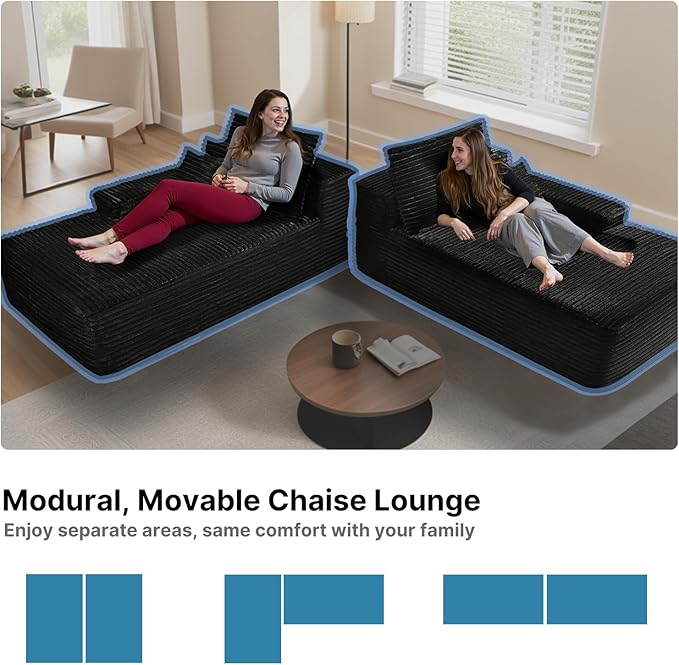 41 Oversized Chaise Lounge Chair Indoor Black Corduroy Boneless Sofa Bed Comfy Cloud Couch Sectional Couches for Living Room Bedroom No Assembly(Left)