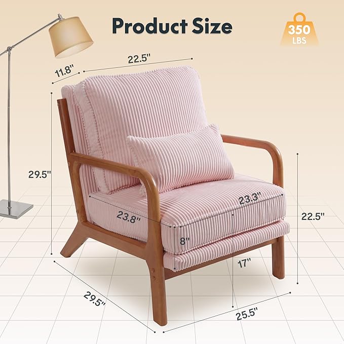 FLEXISPOT AC1 Accent Chairs Set of 2 Upholstered Mid Century Modern Corduroy Armchairs with Solid Wood Frame Comfy Lounge Reading Chairs Farmhouse Armchairs for Living Room Bedroom Balcony (Pink)