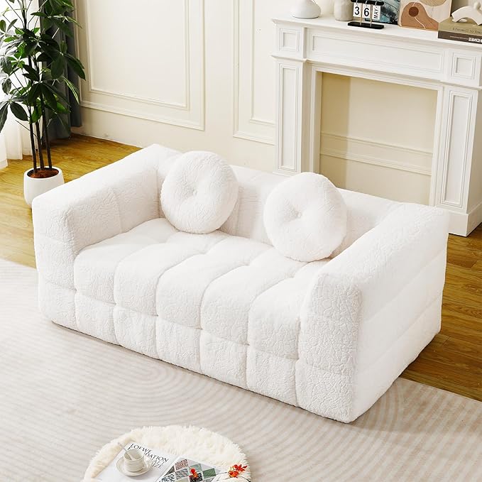 2 Pieces Cloud Couch Set for Living Room 66.5-inch and 84.6-inch Modern Comfy Upholstered Deep Seat Faux Fur Boneless Sofa and Loveseat Set with 2 Pillows for Living Room Bedroom Office Beige