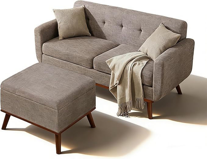 Kingfun 65 W Loveseat Sofa with Ottoman Coffee Table Mid Century Modern Decor Love Seat Couches and Ottoman with Storage for Living Room Button Tufted Upholstered Love Seats Furniture Set Grey | l