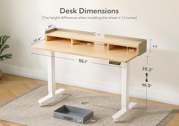 Claiks Standing Desk with Drawers Stand Up Electric Standing Desk Adjustable Height Sit Stand Desk with Storage Shelf and Splice Board 55 Inch Natural