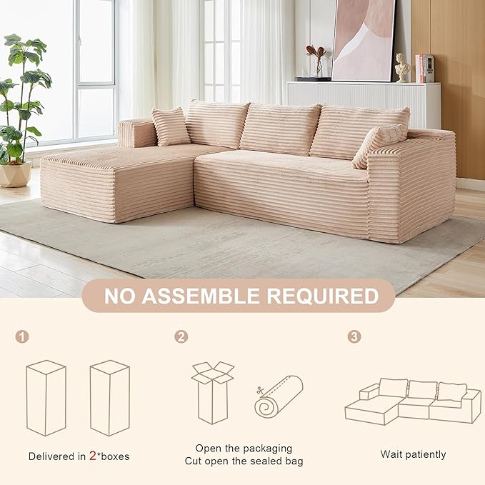 110 Modular Sectional Sofa with L-Shape Chaise Boneless Cloud Couch with Deep Seat Sponge Compression Sofas No Assembly Required Upholstered Couches for Living Room Bedroom (Corduroy Beige)