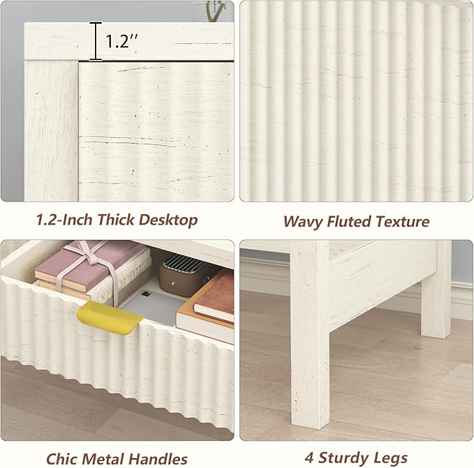 Fluted Computer Desk with 2 Drawers 39 Inch Small Computer Desk with Storage Compact Writing Study Vanity Desk for Small Spaces White