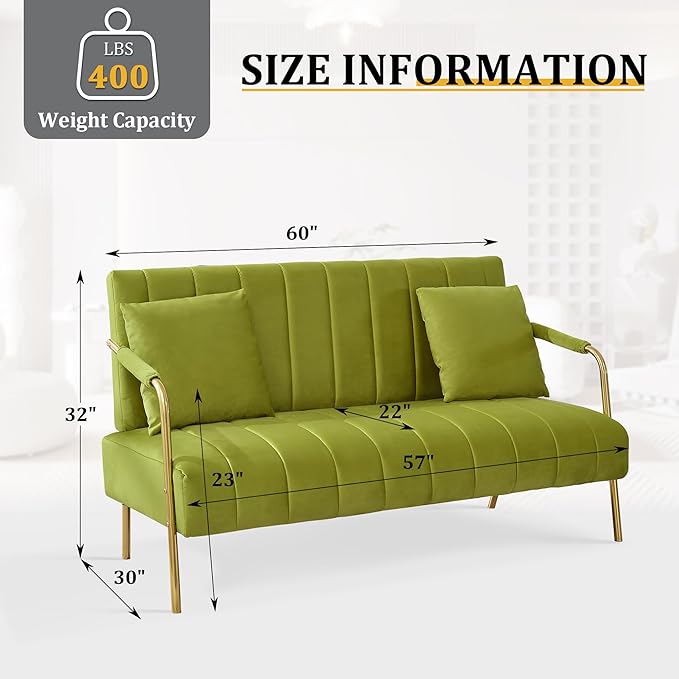 Dolonm 60 Velvet Loveseat 2 Seater Upholstered Couch with 2 Pillows Mid Century Pleated Velvet Sofa with Gold Metal Legs Perfect for Small Spaces Apartments Offices Bedrooms