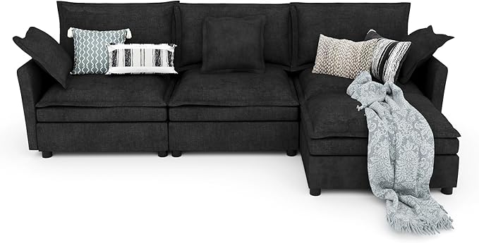 112 Inch Dark Grey Cloud Sectional Couch - Wide Pillow Edge Chenille Comfy Upholstered 3 Seater Modular Sofa with Ottoman L Shaped Couches for Living Room Apartment Office