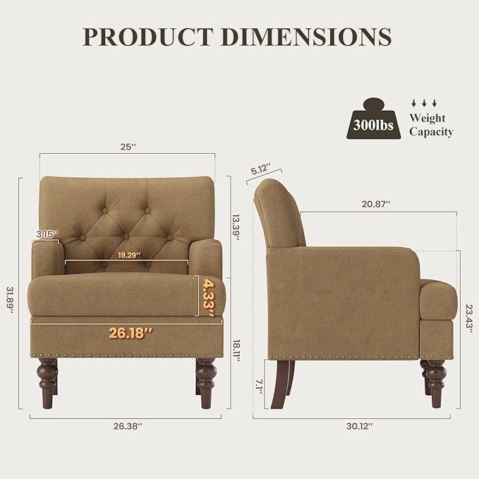 Upholstered Accent Chair with Thick Cushion High Back Reading Chair Linen Blend Armchair with Solid Rubberwood Legs for Living Room Bedroom Reading Apartment &amp Small SpacesBrownSet of 2