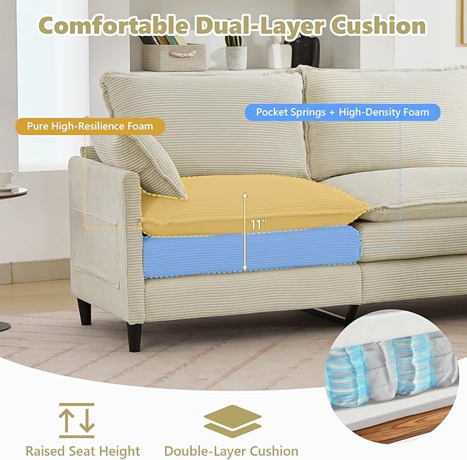 SAMERY 113 Modular Sectional Sofa Comfy Cloud Couch with Movable Ottoman Pillows Deep Seat Corduroy Modular Sofa L Shaped Cloud Sectional Couches for Living Room Bedroom Apartment Beige