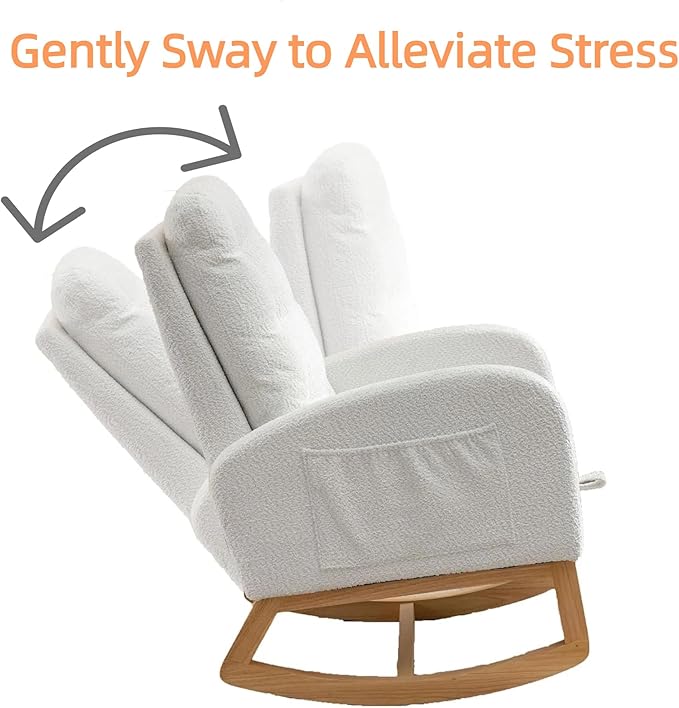 Modern Nursery Rocking Chair with Footrest High-Back Reading Chair Versatile Accent Lounge Chair with Storage Pocket Upholstered Glider for Bedroom Living Room