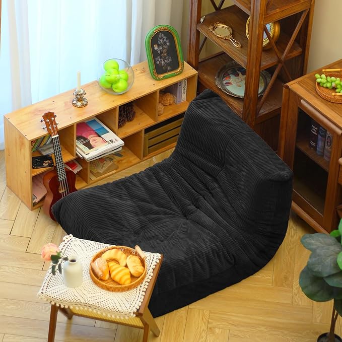 N&ampV Fireside Floor Sofa- Mid-Century Modern Armless Lounge Chair with Premium Soft Corduroy Fabric Plush Foam Cushion Accent Chair for Living Room Bedroom &amp Office (Black)