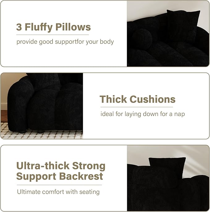 Boucle Sofa Couch 64.7 Modern Tufted Upholstered Teddy 2 Seater Loveseat Sofa with 3 Pillows Comfy Sherpa Deep Seat Cloud Couch Small Love Seat for Living Room Apartment Black