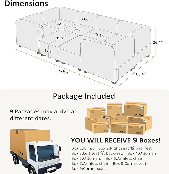 VANOMi Oversized Modular Sectional Sofa Sleeper Sectional Couches for Living Room 8 Seats Modular Sofa with Reversible Chaises Cream White