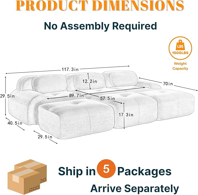 117 Boneless Couch Comfy Sleeper Sofa Bed for Living Room Compressed Sofa with Deep Seat Corduroy Cloud Couch with Ottoman No Assembly Needed