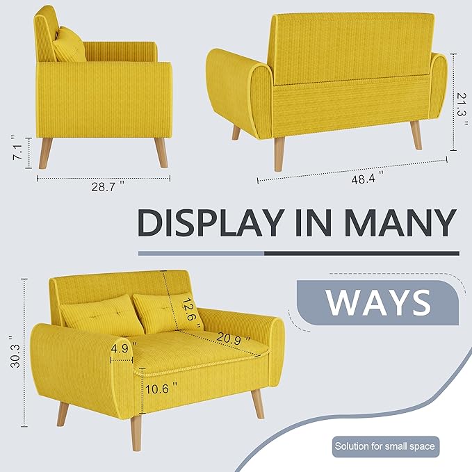 Shintenchi 47 Small Modern Loveseat Couch Sofa Fabric Upholstered 2-Seat Sofa Love Seat Furniture with 2 Pillows Wood Leg for Small Space Living Room Bedroom Apartment Yellow