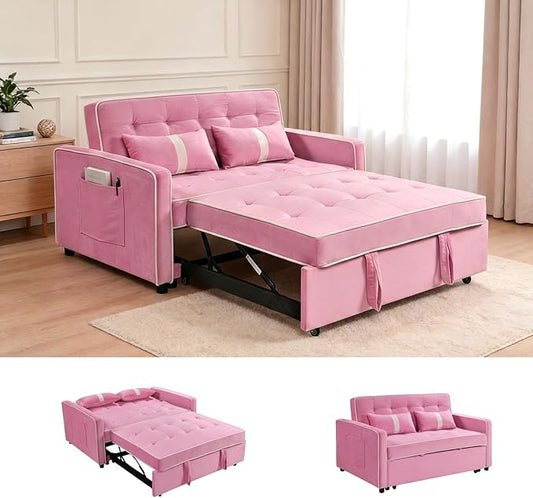 71 Loveseat Sleeper Sofa 3 in 1 Convertible Sofa Bed Adjustable Backrest Comfy Pull Out Couch Modern Upholstered Sofa for Living Room Bedroom Apartment Small Space (Pink)