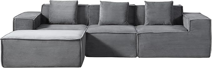 Rowan Convertible Corduroy Sectional Couch with Ottoman &amp Pillows Modular L Shaped Sleeper Sofa Boneless Cloud Couch for Living Room Furniture Dark Grey