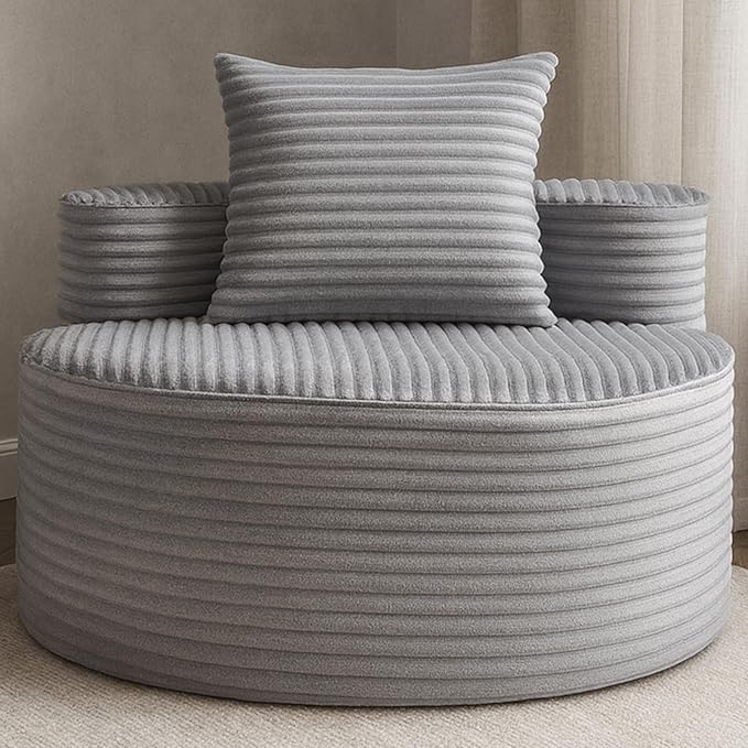 45 Oversized Round Chair Boneless Reading Chair with Comfy Pillow for Living Room Circle Cloud Chair for AdultsCorduroy Memory Foam Large Seat No Assembly Required (Grey)