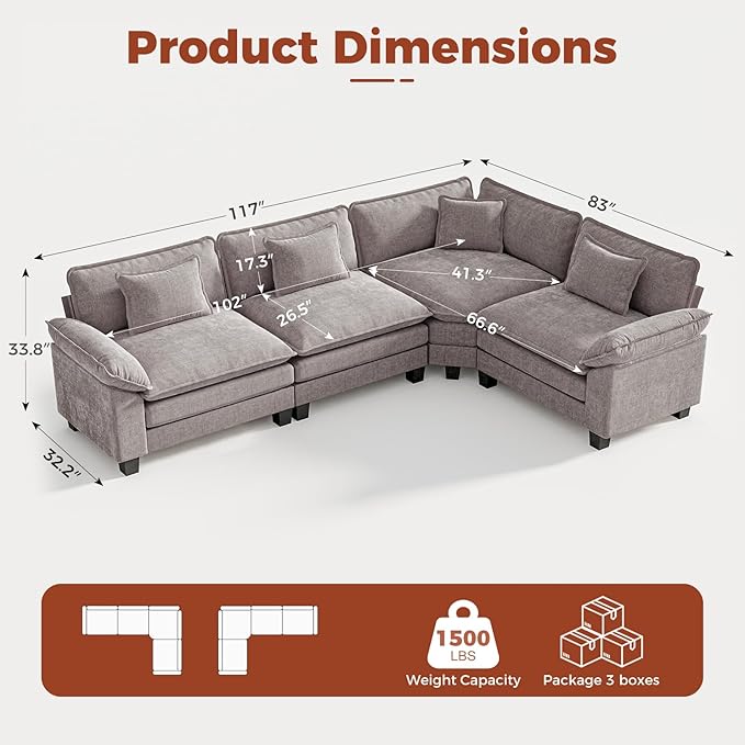 CDCASA 117 Oversized Modular Sectional Sofa with Corner Comfy L-Shaped Cloud Couch 4-Seater Chenille Deep Seat Modern Sofa Couch for Living Room DIY Combination Grey