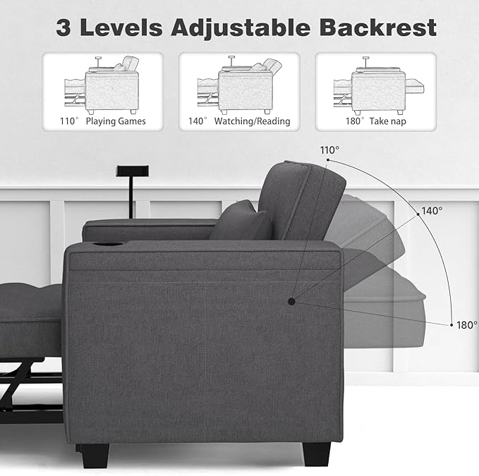 3-in-1 Convertible Chair Bed Sleeper with Phone Holder Pull Out Sofa Bed with USB &amp Type C Port and Wireless Charging Reading Chair with Adjustable Backrest for Living Room