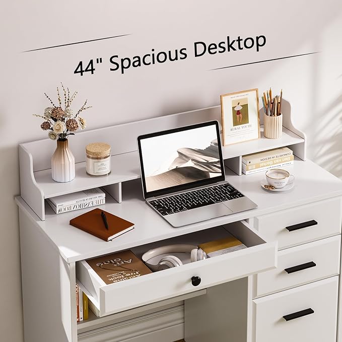 4 EVER WINNER White Desk with Drawers Small Desk with File Drawer for Small Spaces Writing Desk with Monitor Stand Wood Table for Study Home Office White
