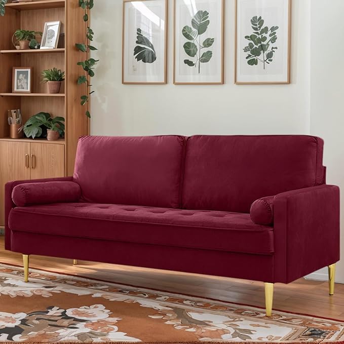 65 Loveseat Sofa with 2 Pillows Comfy Love Seat Cuches with Gold LegsVelvet Small Couchs for Living Room Bedroom Office ApartmentMid Century Modern Couch (Red)