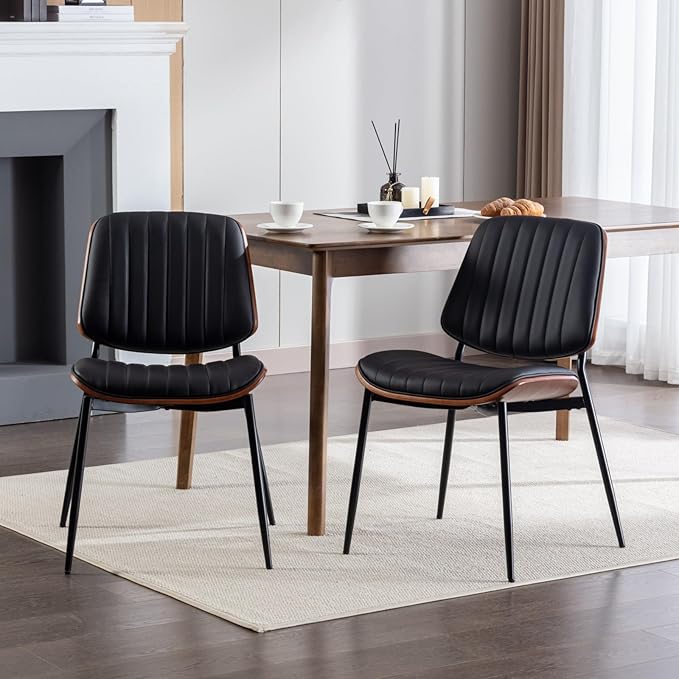 Dining Chairs Set of 2 Mid Century Modern Retro Faux Leather Chair with Walnut Bentwood Back Upholstered Seat Metal Legs Adjustable Foot for Kitchen Dining Room Chairs (Black)