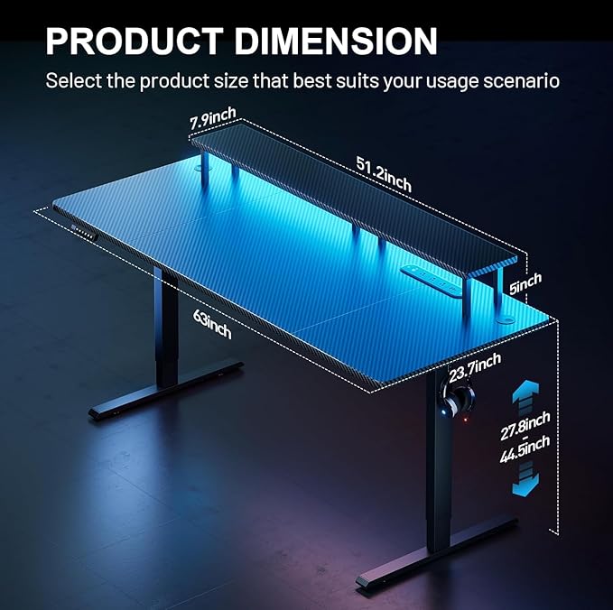 HLDIRECT Electric Standing Gaming Desk with LED Lights 63 Inch Height Adjustable Gaming Table Sit Stand Computer Workstation with Power Outlet &amp Monitor Stand Rising Desk for Home Bedroom Blac