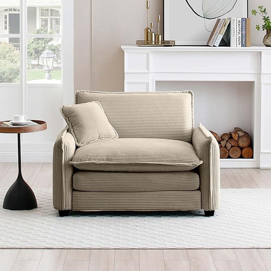 Oversized Deep Seat Single Sofa Chair 46 in Stylish Accent Couch Chair with One Throw Pillow Upholstered Corduroy Fabric Comfy Armchair for Living Room Bedroom Tan