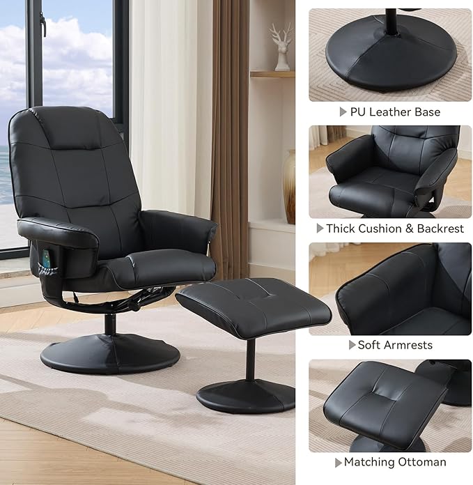 Ergonomic Recliner Chair with Ottoman for Adults 360° Swivel Massage Lounge Chair with 5-Point Vibration &amp Heated Seat140° Adjustable PU Leather Recliner for Living Room Office (Black+PU Leather