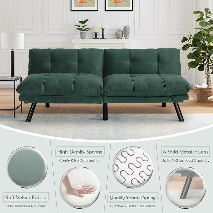 Convertible Velvet Futon Sofa Bed Comfy 72 L Sleeper Couch with Thicker Cushion Upholstered Modern Reclining Loveseat Folding Sofa for Small Living Room Dorm Apartment Office Emerald