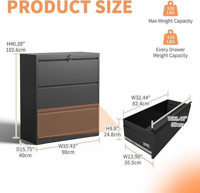 Lateral File Cabinet 3 Drawer Black Filing Cabinet with Lock Lockable File Cabinet for Home Office Locking Metal File Cabinet for Legal/Letter/A4/F4 Size