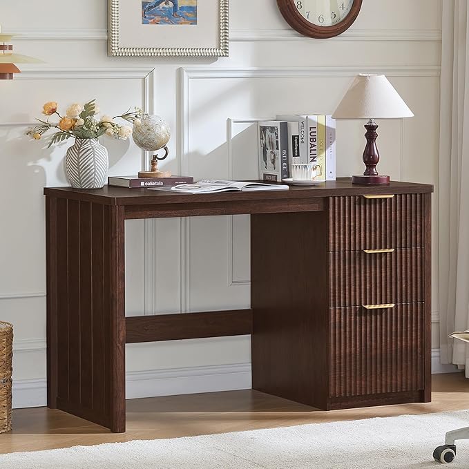 LEYAOYAO Office Desk 48 with 3 Drawers Storage File Cabinet Wood Fluted Desk for Computer Office Bedroom Home Furniture Walnut
