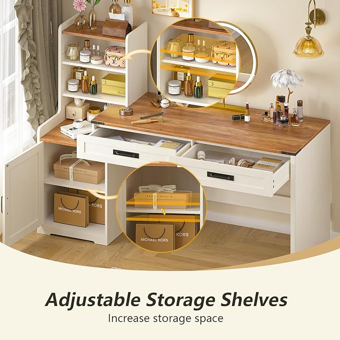60'' Farmhouse Computer Desk with Drawers Home Office Desk with Bookcase Vanity Desk Writing Study Table with Storage Antique White