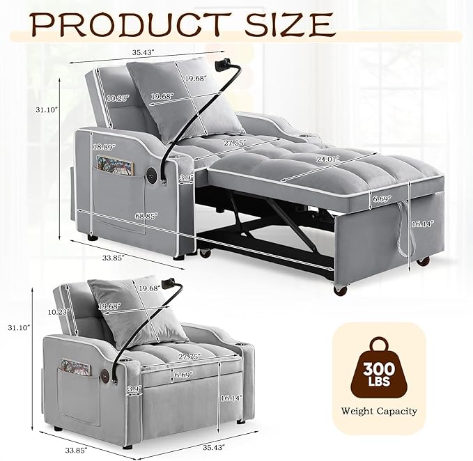 KINFFICT Sleeper Sofa Chair Bed Convertible 3-in-1 Armchair Adjustable Sleeper Chair with Pullout Bed Single Lounger Futon with Side Pockets for Living Room (Grey)