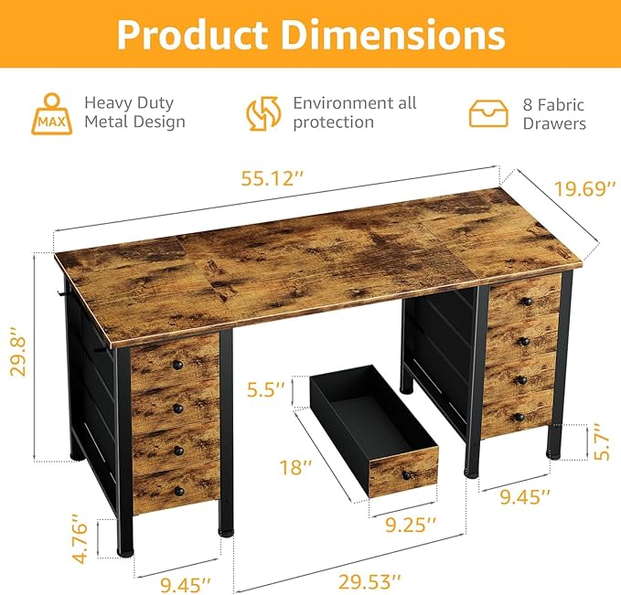 DLisiting Home Office Desk with Drawers for Storage - 55 inch Computer Desk with 8 Fabric Drawer Writing Study Work Desks with Drawers on Both Sides for Bedroom