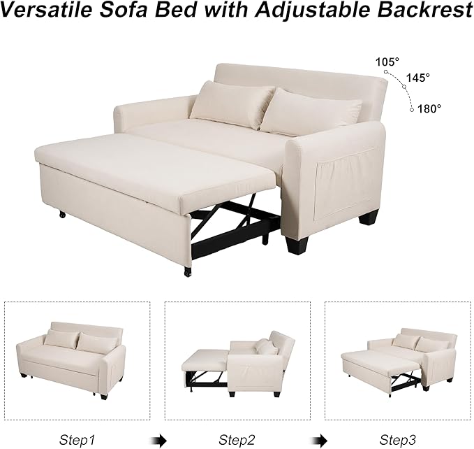 Oversized 3-in-1 Convertible Sleeper Sofa Bed Futon Couch with Pullout Bed 2-Seater Loveseat Sofa w/Pockets Adjustable Backrest and Pillows for Living Room Apartment (White)