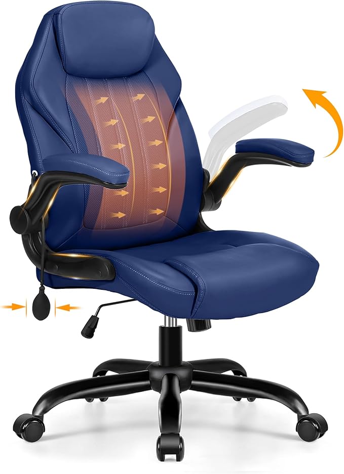Office Desk Chair Ergonomic Computer Chair with Padded Flip-Up Arms and Adjustable Lumbar Support PU Leather Executive Chair with Tilt Lock and 360° Swivel Rolling Wheels for Work Study
