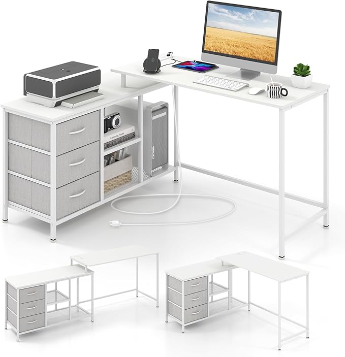 Tangkula 81 Inch L-Shaped Desk with Power Outlet Convertible Corner Desk with Drawers &amp Shelves Office Desk for Working Studying Gaming (White)