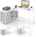 Tangkula 81 Inch L-Shaped Desk with Power Outlet Convertible Corner Desk with Drawers &amp Shelves Office Desk for Working Studying Gaming (White)
